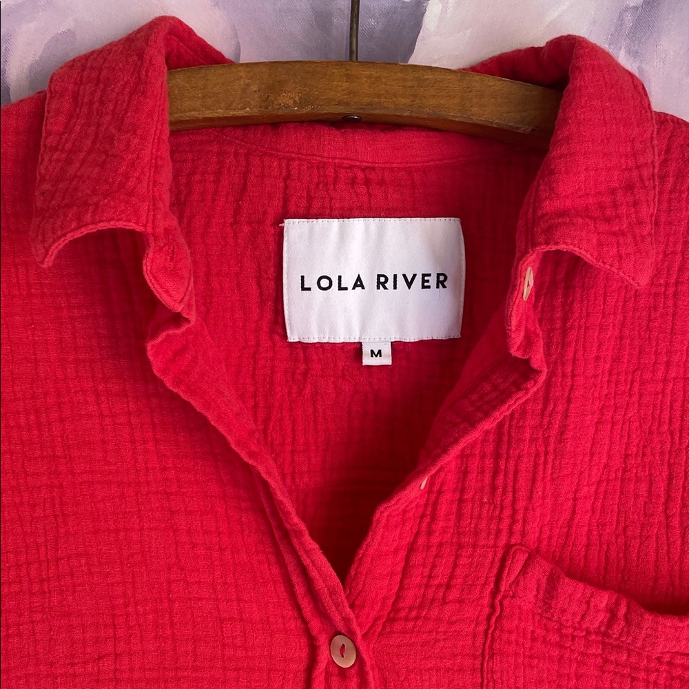 Lola River Cherry Red Button Down Textured Cotton Gauze Shirt, Size M - Picture 3 of 4